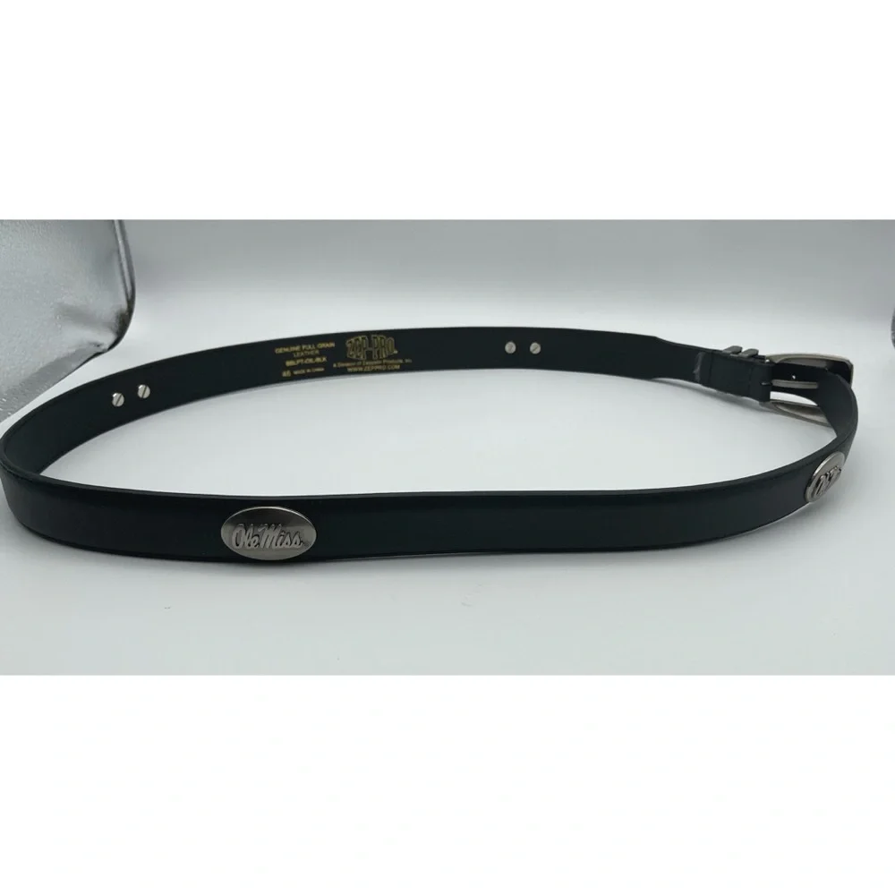Ole Miss Univ of Mississippi Leather Belt Conchos Black Gunmetal Buckle Sz 46